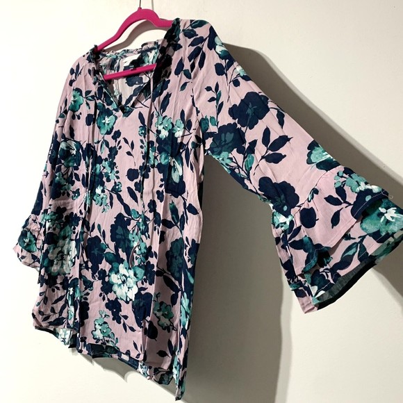 J.Jill Mauve Beautiful Blossoms Blouse Size XS Floral Ruffle Sleeve Tie Neck NEW - Picture 4 of 12